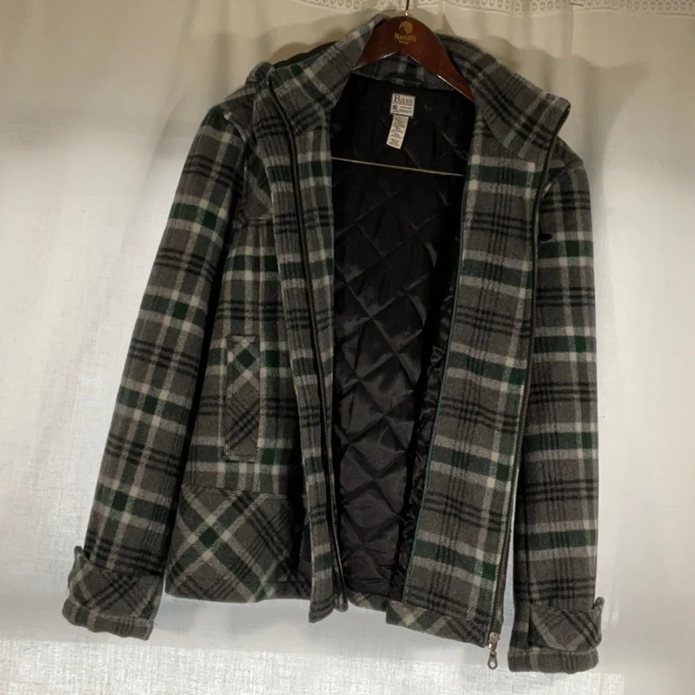 GH Bass Wool Blend Coat Green Gray Plaid Horn Toggle Buttons-Size L